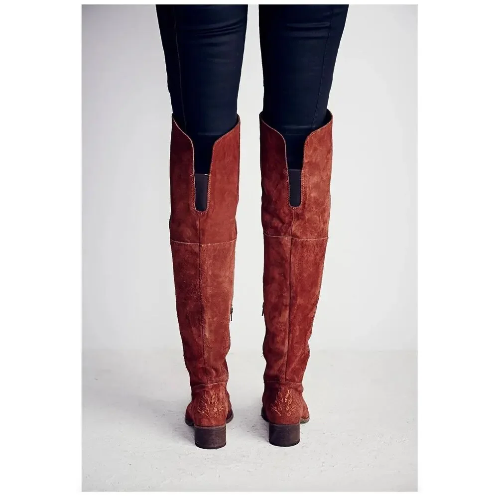 Free People Brown High Noon Suede Embroidered Over Knee Boots Sz EU 37/US 6.5